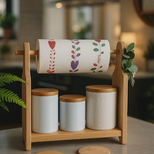Wooden Spice Rack with Paper Towel Holder – Kitchen Organizer, Countertop Shelf