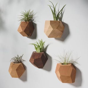 4er Set Geometrische Holzwand Pflanzgefäße, handgefertigte facettierte Luftpflanzenhalter für modernen vertikalen Innengarten oder minimalistisches Dekor