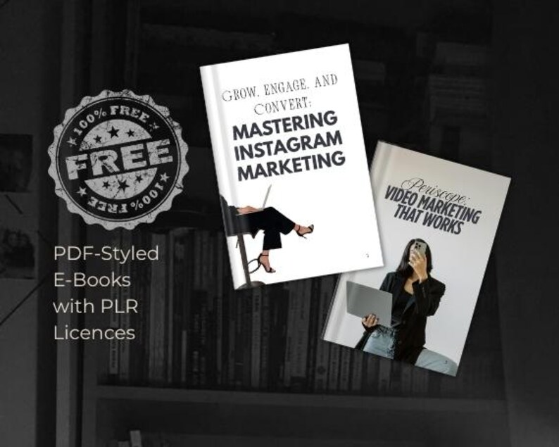 May include: Image of two books titled "Mastering Instagram Marketing" and "Video Marketing That Works." A "100% Free" seal and text "PDF-Styled E-Books with PLR Licences" are also visible. The books are set against a bookshelf.