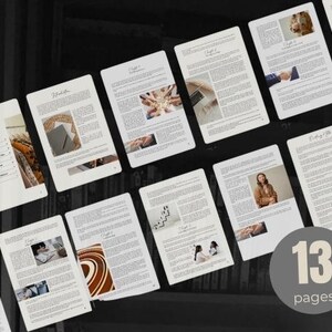 May include: A collection of 13 pages of a document, likely a book or report, displayed on a dark surface. The pages are white with black text and images. The pages are arranged in a visually appealing layout, suggesting a professional or creative context.