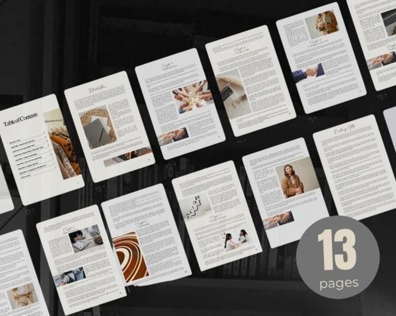 May include: A collection of 13 pages of a document, likely a book or report, displayed on a dark surface. The pages are white with black text and images. The pages are arranged in a visually appealing layout, suggesting a professional or creative context.