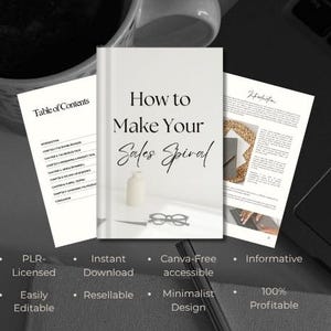 May include: A book titled "How to Make Your Sales Spiral" with accompanying pages, glasses, and a small bottle. The book is white with black text. The image also includes bullet points with text such as "PLR-Licensed" and "Instant Download".