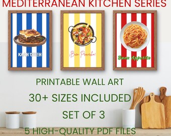 Retro mediterrane keukenkunstset, Italiaans Spaans Grieks eten prints (digitale download)