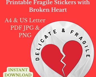 Afdrukbare fragiele stickers, handvat gebroken hart met liefdeslabels (digitale download)
