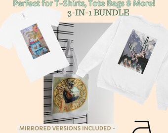 Handgemaakte collagekunstset, T-shirt opstrijktransfer, draagtasontwerp (digitale download)