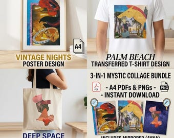 Surrealistische collagekunstprints, T-shirttransfer, ontwerpen draagtas (digitale download)