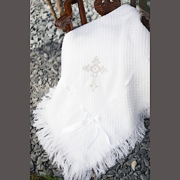 Baptizm Christening blanket shawl + Name, cross, designs for boys girls white ivory also Orthodox cross designs also see MATCHING bibs