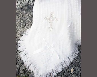 Baptizm Christening blanket shawl + Name, cross, designs for boys girls white ivory also Orthodox cross designs also see MATCHING bibs