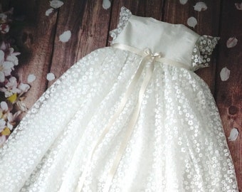 Princess Meadow pale ivory Christening Flower girl dress gown in silk tulle and lace