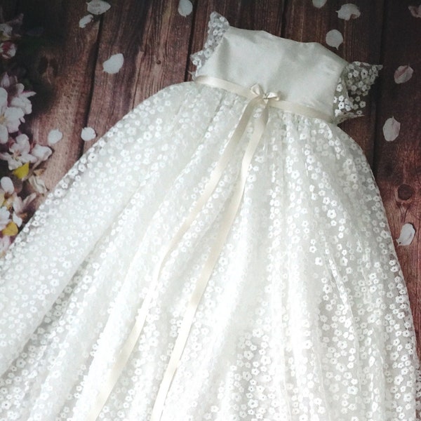 Princess Meadow pale ivory Christening Flower girl dress gown in silk tulle and lace
