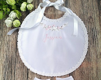 White or ivory/cream New baby, Birthday, Naming day, Special occasion Baptizm Baptism Christening bib personalized with name