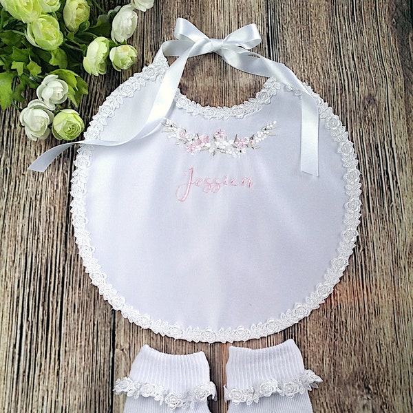 White or ivory/cream New baby, Birthday, Naming day, Special occasion Baptizm Baptism Christening bib personalized with name