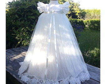 Princess Meadow pale ivory Christening Baptismal Flower girl gown in silk tulle and lace in IVORY