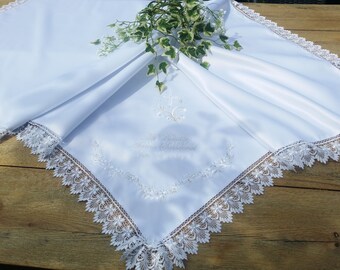 White cream ivory ecru * Baby blanket * for a Baptizm Baptism or a Christening personalized with name silk satin tiny rhinestones