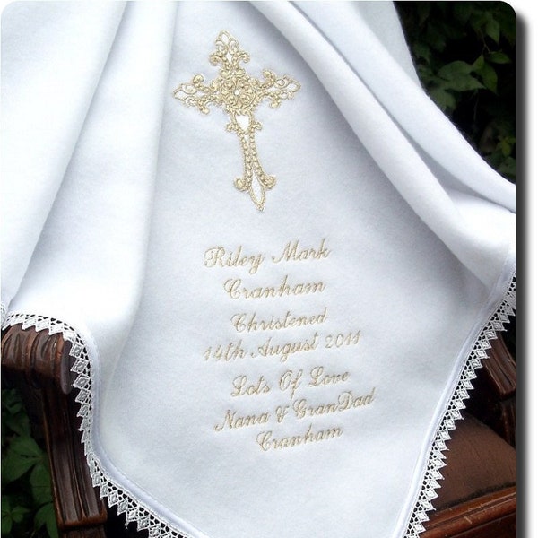 White cream or ivory WARM fleece  Baby blanket for a Baptizm Baptism or a Christening personalized with child's name and trimmed with lace