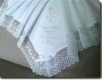 White cream or ivory WARM fleece  Baby blanket for a Baptizm Baptism or a Christening personalized with child's name with COTTON CLUNY lace