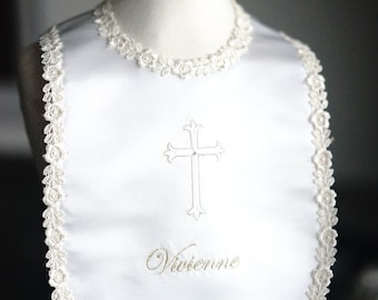 White cream or ivory Baby Baptizm Baptism Christening bib gift personalized with name and embellished with cross Catholic Orthodox