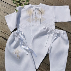 White Traditional linen Orthodox Russian Ukrainian Christening Baptism toddler shirt gown robe cross in gold silver matching pants available