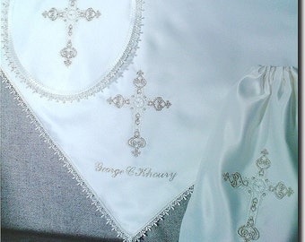 Baby Baptizm Christening blanket personalized with name, cross designs in white or ivory satin or silk Irish English Scottish Orthodox