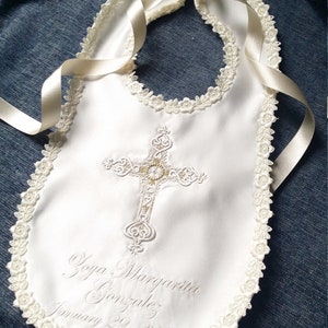 White cream or ivory Baby Baptizm Baptism Christening bib personalized name embellished with cross Catholic Orthodox Irish Shamrock Celtic