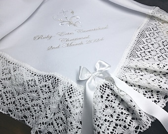White cream or ivory WARM fleece  Baby blanket for a Baptizm Baptism or a Christening personalized with child's name with COTTON CLUNY lace