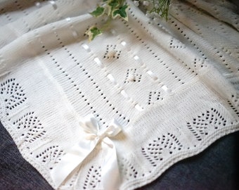 Knitted New baby Baptizm Christening blanket with personalized gift bag with name, cross, designs for boys girls in white.