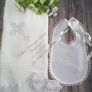 Baptism blanket in white or cream with a cross of your choice from www.lyubove.co.uk Lyubove Christenings