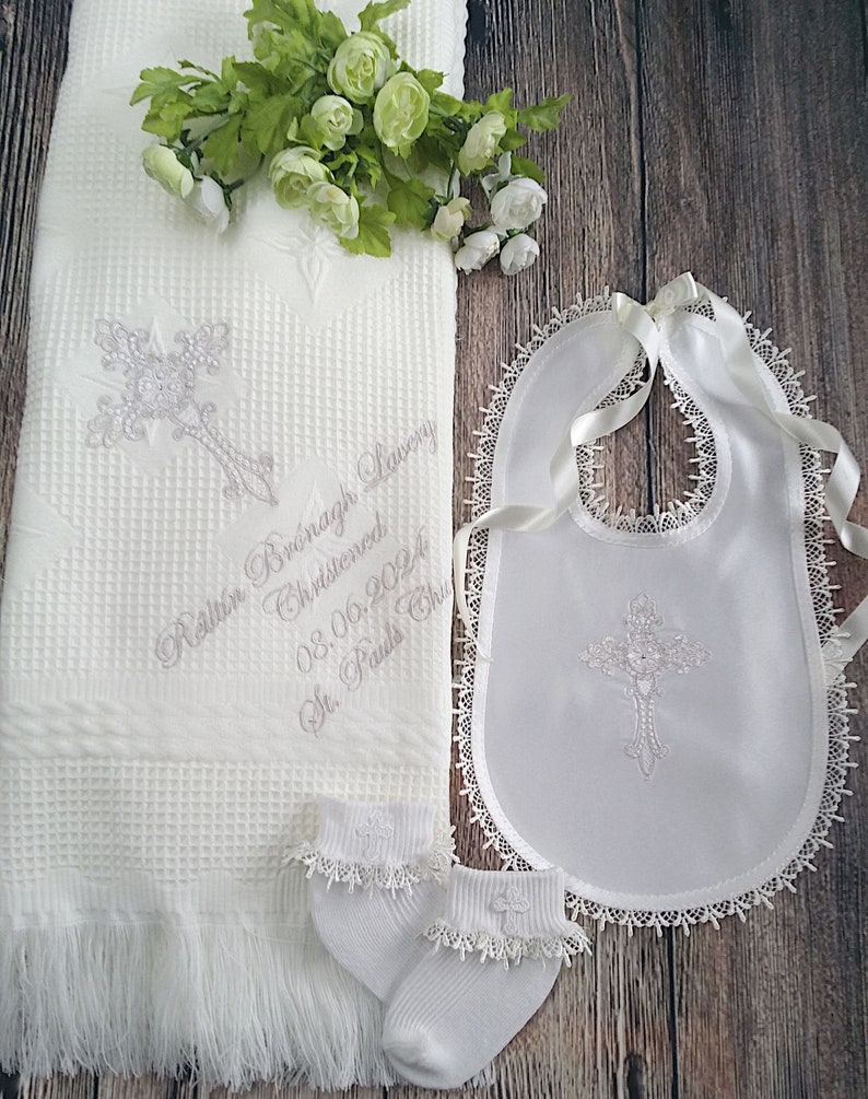 Baptism blanket in white or cream with a cross of your choice from www.lyubove.co.uk Lyubove Christenings
