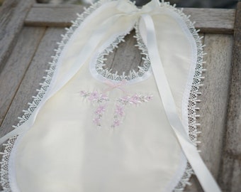 Baby Baptizm Baptism or Christening bib personalized with name in silk or satin in white, ivory or cream