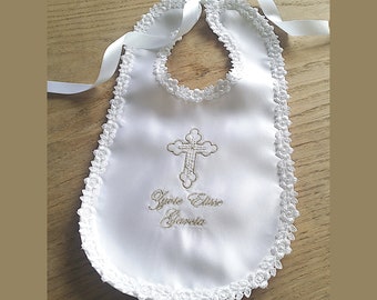 White cream ivory ecru Baby Baptizm Baptism Christening bib burp cloth personalized with name with cross hand embroidery antique style