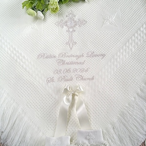 Baptism blanket in white or cream with a cross of your choice from www.lyubove.co.uk Lyubove Christenings