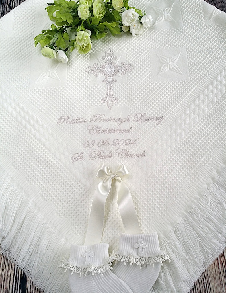 Baptism blanket in white or cream with a cross of your choice from www.lyubove.co.uk Lyubove Christenings