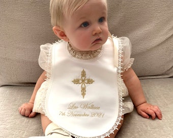 White cream or ivory Baby Baptizm Baptism Christening bib personalized with name and embellished with any cross design