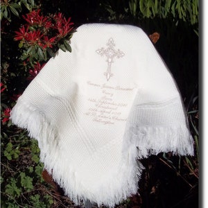 Baptizm Christening blanket shawl with name, cross, designs for boys girls white ivory Catholic Orthodox many designs also see MATCHING bibs