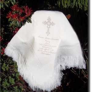 Baptizm Christening blanket shawl with name, cross white Irish English Scottish Catholic Orthodox Armenian designs MATCHING bibs zdjęcie 4