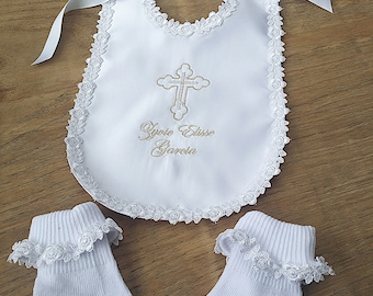 White cream or ivory Baby Baptizm Baptism Christening bib personalized with name and embellished with any cross design