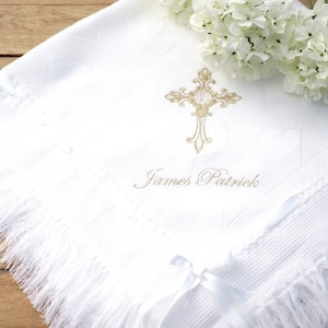 Baptizm Christening blanket shawl + Name, cross, designs for boys girls white ivory also Orthodox cross designs also see MATCHING bibs
