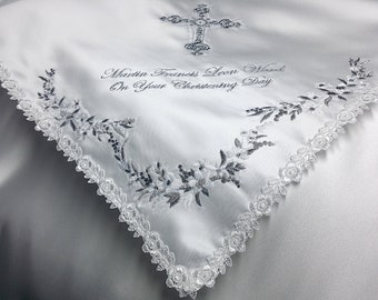 Ivory or white baby Baptism /Christening blanket with delicate flower embroidery and a cross also matching bib and gift pouch