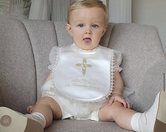 White cream or ivory Baby Baptizm Baptism Christening bib personalized with name and embellished with any cross design Catholic Orthodox