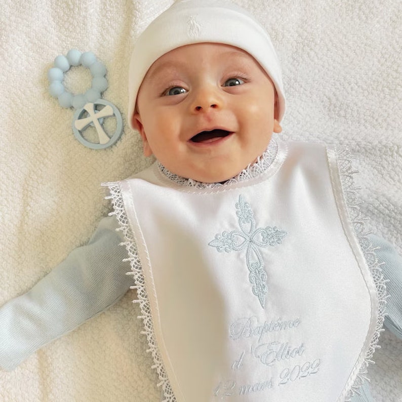 Ivory baby Baptism /Christening blanket with delicate flower embroidery and a cross matching bib & pouch personalised to your requirements image 10