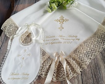 White cream or ivory WARM fleece  Baby blanket for a Baptizm Baptism or a Christening personalized with child's name with COTTON CLUNY lace