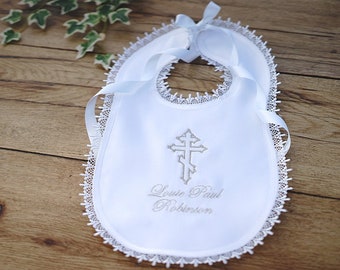 Personalised Baptism Christening bib boys or girls with cross name in white, ivory or cream/ecru can be trimmed with lace - beautiful gift