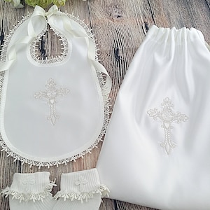Baptism blanket in white or cream with a cross of your choice from www.lyubove.co.uk Lyubove Christenings