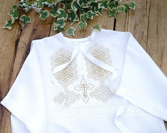 Blanc traditionnel lin orthodoxe russe ukrainien baptême baptême enfant chemise robe robe croix en or argent assorti pantalon disponible