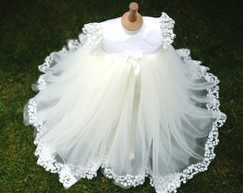 Princess Meadow pale ivory Christening gown in silk tulle and lace in IVORY or WHITE