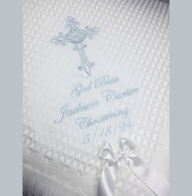 Baptism blanket in white or cream with a cross of your choice from www.lyubove.co.uk Lyubove Christenings