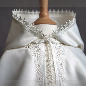 Baby Baptizm Baptism Christening cape in white or ivory satin with intricate embroidery and hood