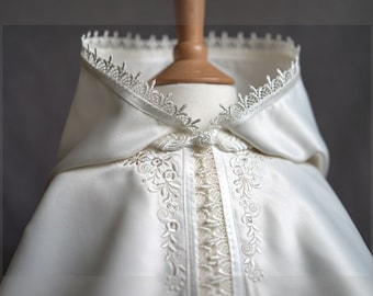 Baby Baptizm Baptism Christening cape in white or ivory satin with intricate embroidery and hood