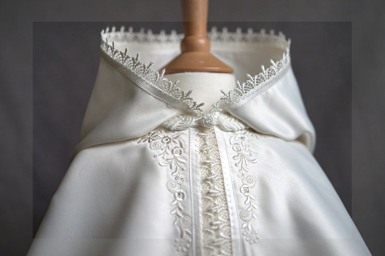 Baby Baptizm Baptism Christening cape in white or ivory satin with intricate embroidery and hood