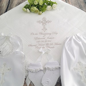 Baptism blanket in white or cream with a cross of your choice from www.lyubove.co.uk Lyubove Christenings